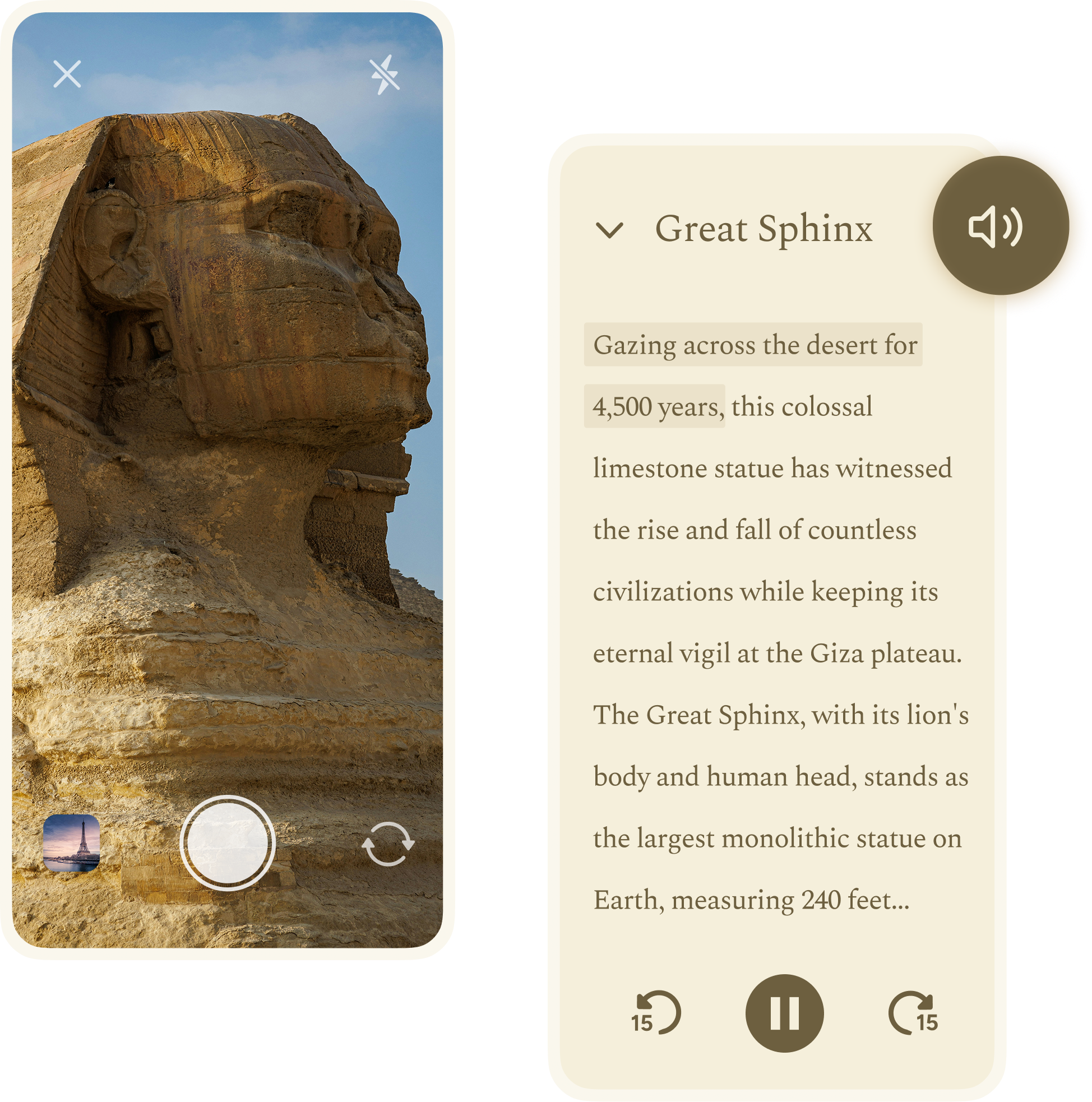 Guide Audio Tours app interface showing the Great Sphinx